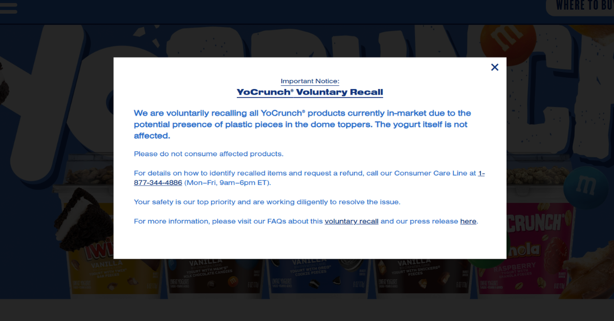 Details of the voluntary recall posted on the YoCrunch website