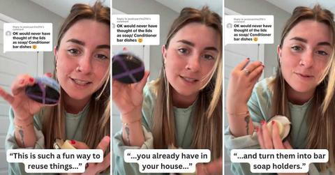 The sustainability enthusiast demonstrates how to make bar soap holders that help soaps last longer. (Cover Image Source: TikTok | @skysaba)