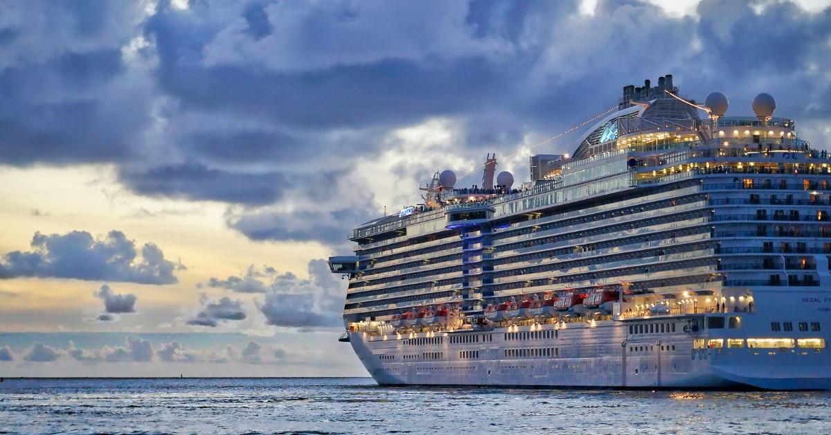 A cruise ship sits in open water