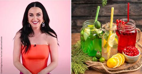 (L) Katy Perry on The Puppy Interview with BuzzFeed (Cover Image Source: YouTube | @BuzzFeedCeleb) | (R) Glasses of different fruit juices. (Representative Cover Image Source: Freepik | KamranAydinov)
