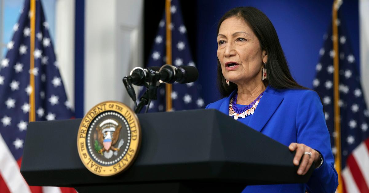 U.S. Interior Secretary Deb Haaland delivers remarks behind a podium at the 2021 Tribal Nations Summit, at the Eisenhower Executive Office Building on Nov. 15, 2021 in Washington, D.C.