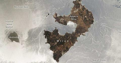 This photo features sunglint on the Aegean Sea around the Greek volcanic islands of Milos and Antimilos, about 100 miles south of Athens. (Cover Image Source: NASA)
