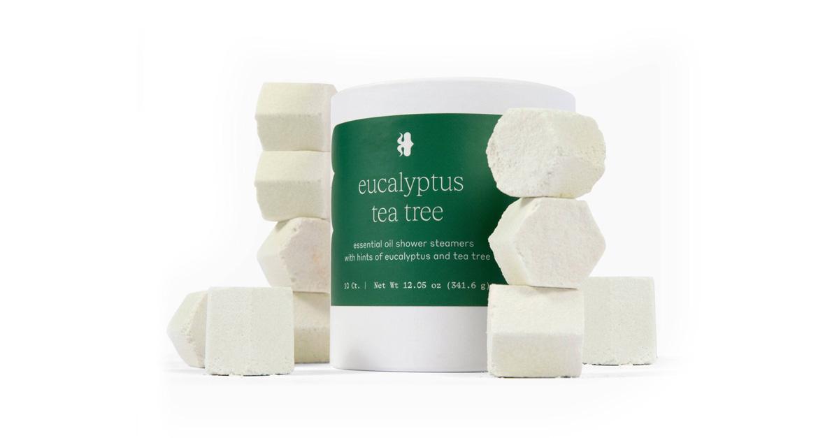 Eucalyptus shower steamers piled up and in a bag.