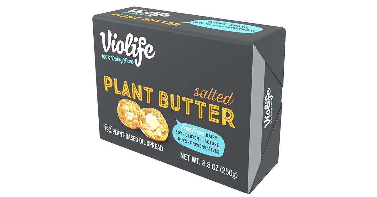 Violife Salted Plant Butter in grey packaging with an english muffin