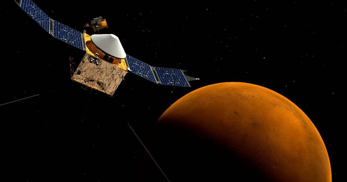 An illustration depicting NASA's Mars Atmosphere and Volatile Evolution (MAVEN) spacecraft near Mars. (Representative Image Source: Stocktrek Images)