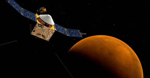 An illustration depicting NASA's Mars Atmosphere and Volatile Evolution (MAVEN) spacecraft near Mars. (Representative Image Source: Stocktrek Images)