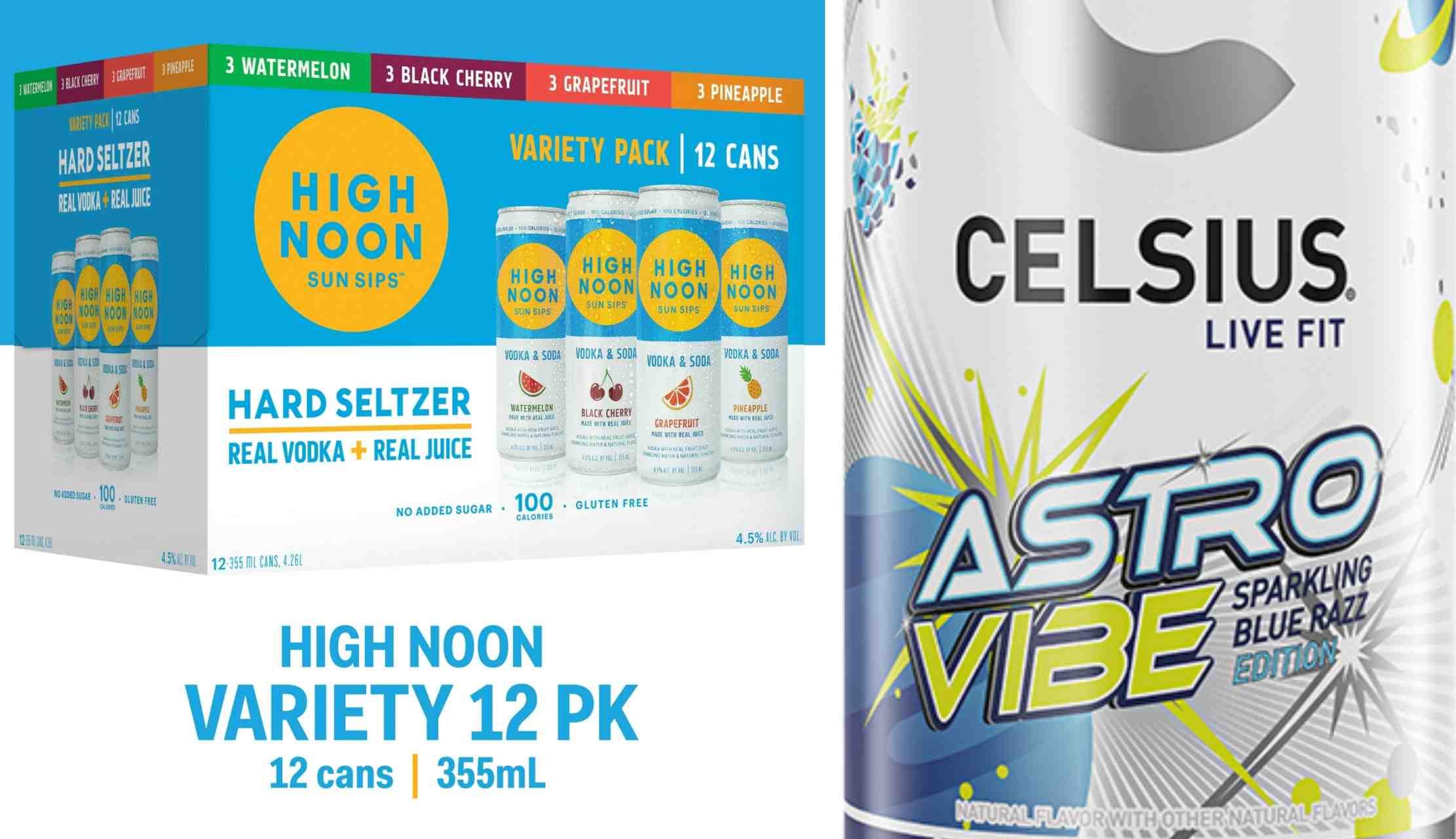 A High Noon variety pack and a Celsius brand energy drink are pictured side-by-side.