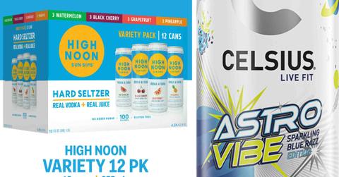 A High Noon variety pack and a Celsius brand energy drink are pictured side-by-side.