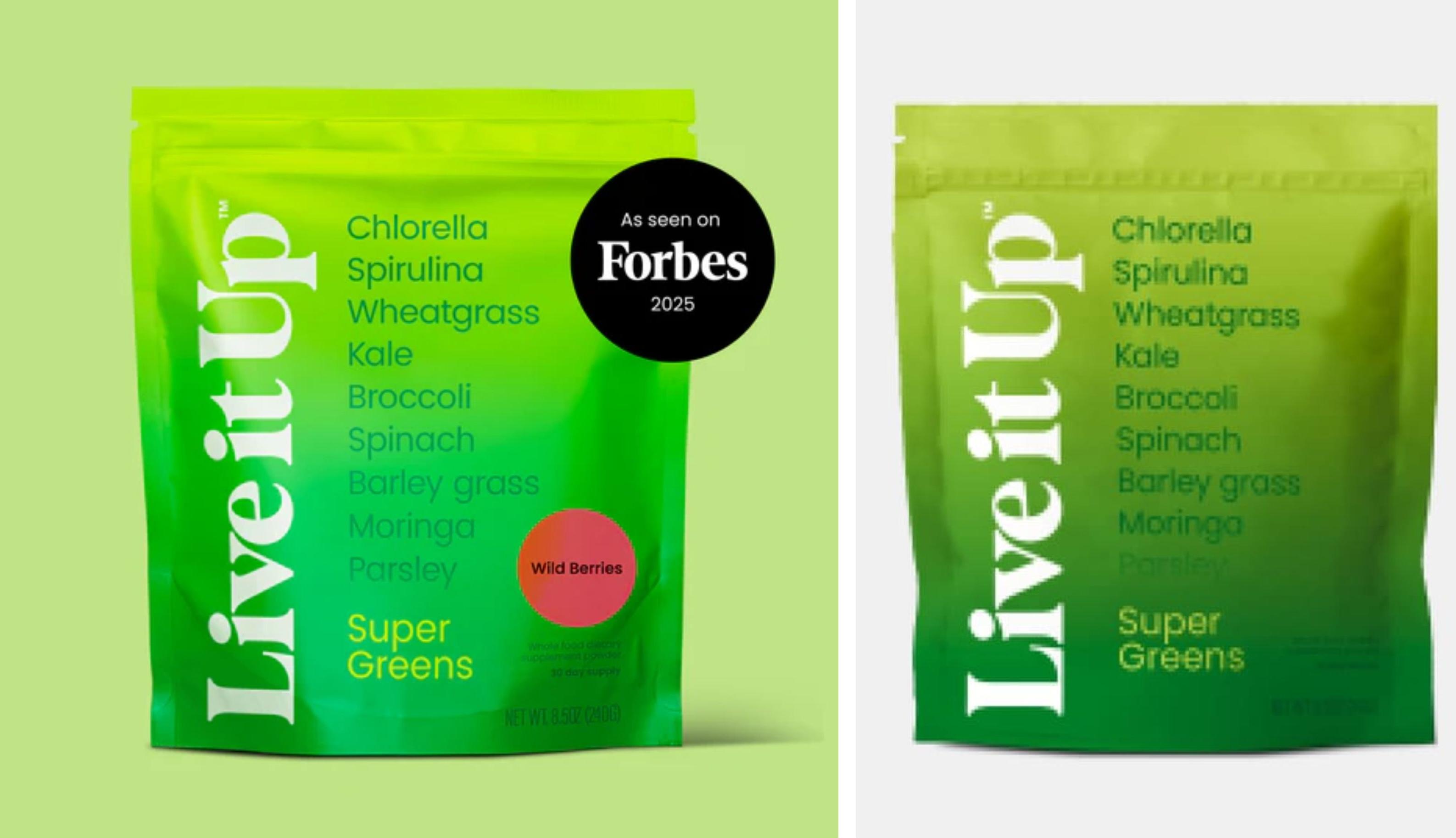 The Live It Up brand of Super Greens powder is pictured in two flavors: Wild Berry, left, and original, right.