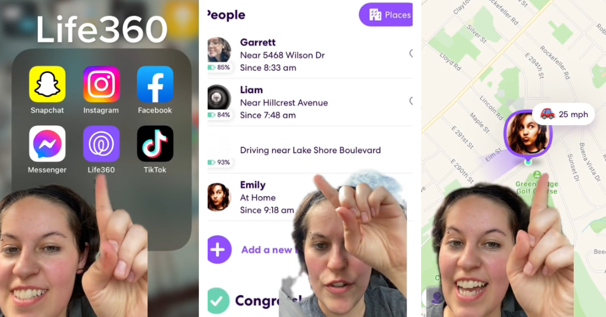 Three screenshots of a TikToker pointing to the Life360 app on her phone.