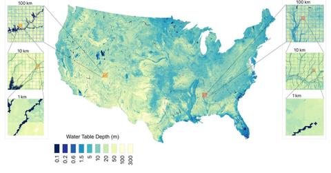 Combining direct measurements with artificial intelligence methods, a new map estimates groundwater depth across the contiguous United States at a resolution of around 98 feet. (Cover Image Source: Yueling Ma et al./Princeton University)