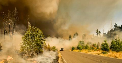 A white truck drives down a road covered by intense wildfire smoke on either side