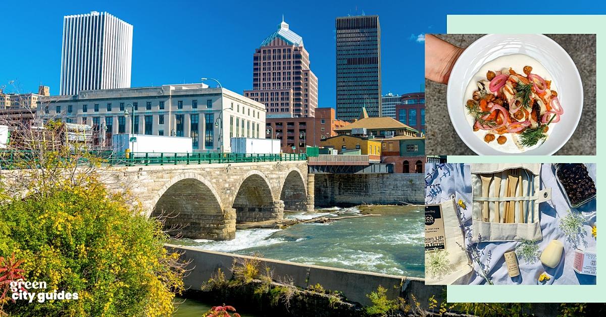 landscape background image of Rochester, N.Y., alongside smaller photos from The Owl House restaurant,  Marilla’s Mindful Supplies, and Green Matters's "Green City Guides" logo