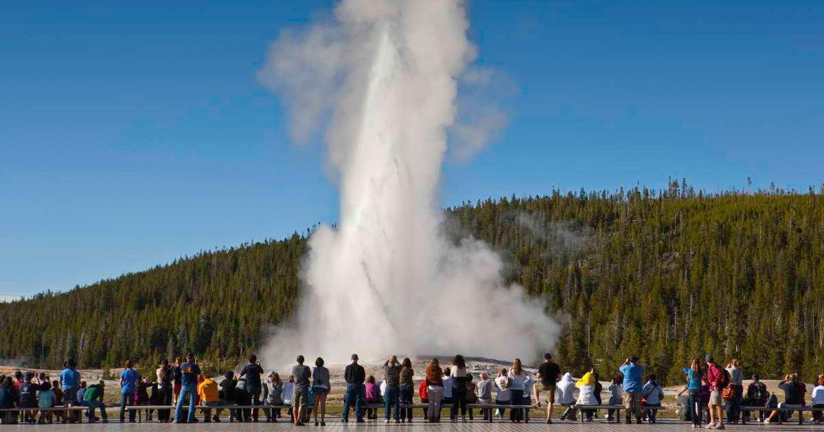Tourists gather to watch a geyser eruption at Yellowstone National Park. (Representative Cover Image Source: Getty Images | Danny Lehman)