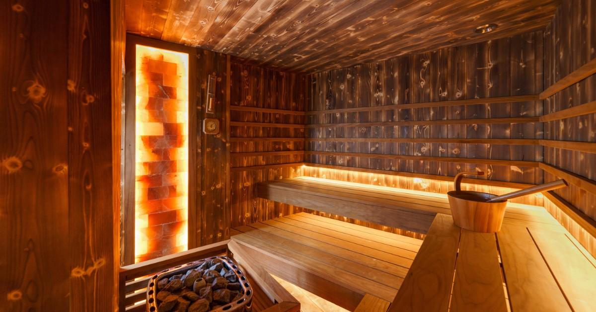 Inside a well lit sauna