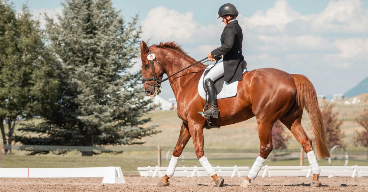 A woman rides a horse 