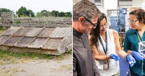 (L) Paestum shrine in Italy. (Representative Cover Image Source: Getty Images | Ajber) | (R) Scientists examining the sticky substance found in the shrine. (Cover Image Source: YouTube | @oxford)
