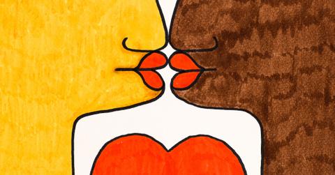 Two stylized faces are pictured, one with yellow skin and the other with black skin, are very close one in front the other in profile; "Tribute to Cocteau" (Omaggio a Cocteau), by Mario De Biasi, 1995, 20th Century, drawing Private collection