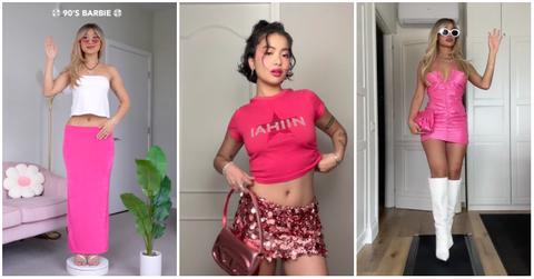 Three screenshots of creators on TikTok dressing as #Barbiecore