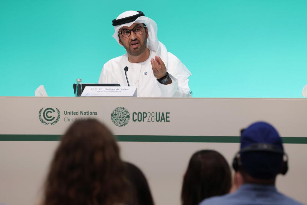 Sultan Ahmed Al Jaber, President of the UNFCCC COP28 Climate Conference, speaks to the media following the opening session of the conference on November 30, 2023 