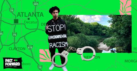 On a neon green map of Atlanta is a collage featuring handcuffs, a protester holding a sign that reads "Stop Environmental Racism," and an image of a forest.