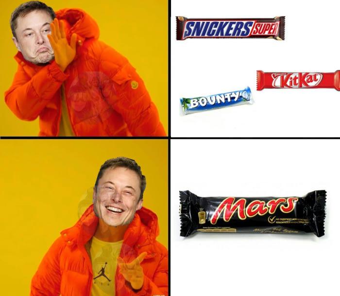 Meme of Elon Musk shaking his hand no at various candies, but shaking it yes at a Mars Bar