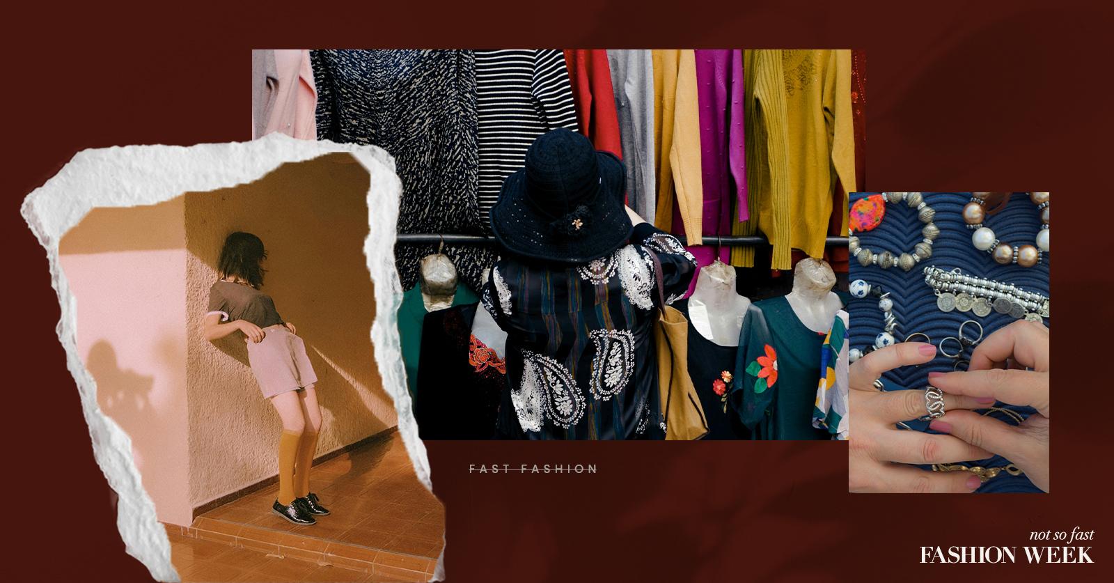 Collage of three photos: woman modeling against a wall, a woman shopping from a rack of clothes in a thrifts tore, and a pair of hands trying on a vintage ring.