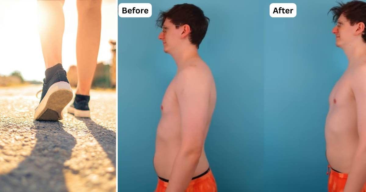 (L) Legs walking on a gravel road. (Representative Cover Image Source: Pexels | Andrea Piacquadio) (R) Massey shows the results of his step-count goal. (Cover Image Source: YouTube | @JackSucksAtLife)