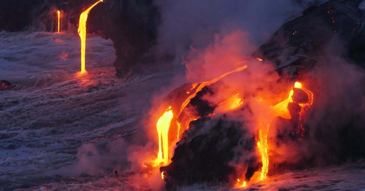 Lava flows from a volcanic eruption. 