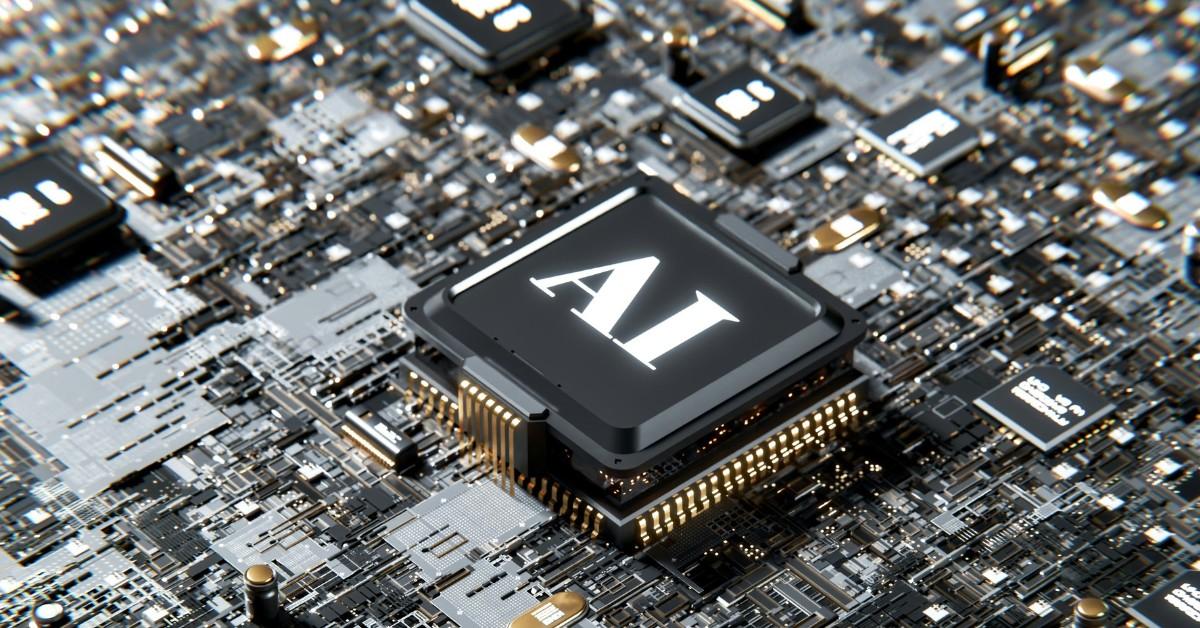 A computer processor features a chip in the middle that says AI