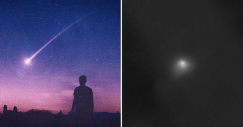 (L) Person watching a glowing comet flitting through the star field (Representative Cover Image Source: Getty Images | David Wall), (R) Comet 3I/ATLAS captured by NASA satellite (Cover Image Source: X | @NASA)