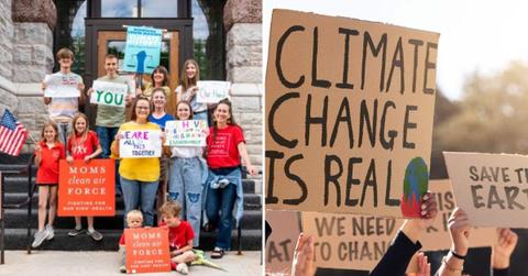 (L) Moms inspire action against climate change (Cover Image Source: Instagram | @cleanairmoms) | (R) People with banners of climate change (Representative Cover Image Source: Getty Images | People Images)