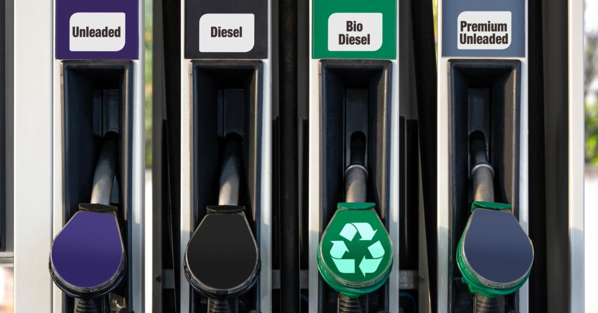 Gas pumps for unleaded, diesel, biodiesel, and premium unleaded.