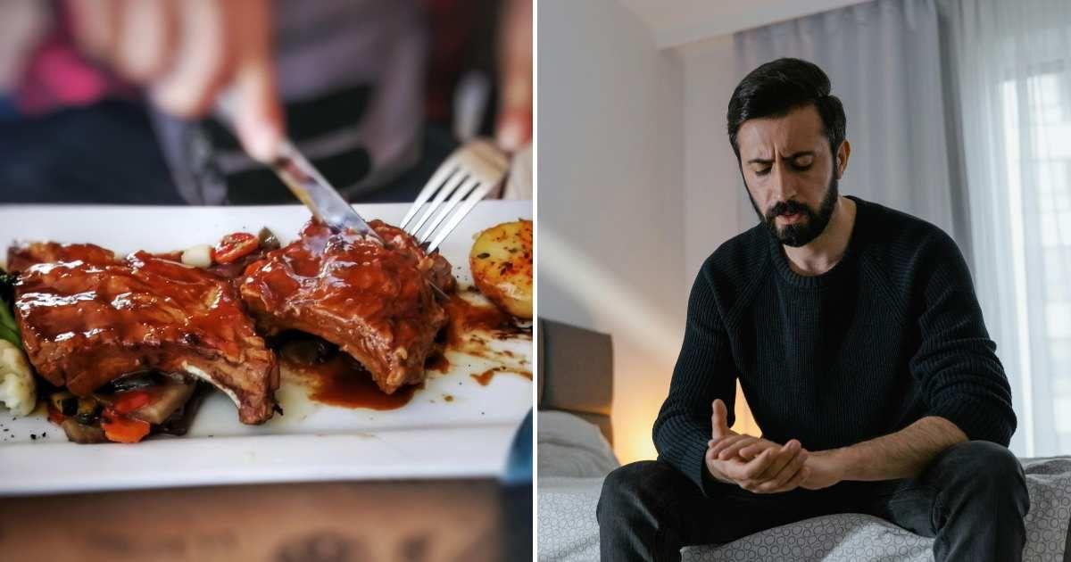 (L) A person using a fork to slice up the steak on their plate. (R) A man sitting on a bed upset about his sickness. (Representative Cover Image Source: (L) Pixabay | Javier RTG, (R) Pexels | Mart Productions)