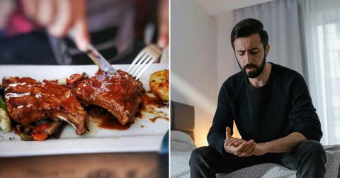(L) A person using a fork to slice up the steak on their plate. (R) A man sitting on a bed upset about his sickness. (Representative Cover Image Source: (L) Pixabay | Javier RTG, (R) Pexels | Mart Productions)