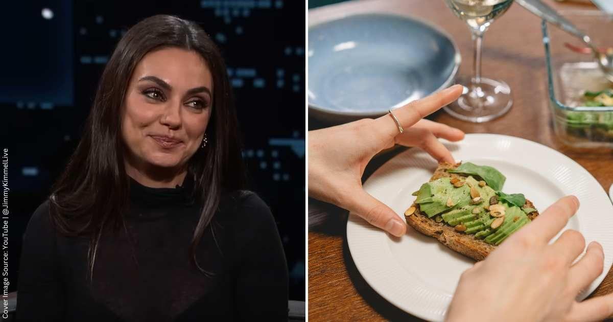 (L) Mila Kunis in an interview with Jimmy Kimmel (Cover Image Source: YouTube | @harpersbazaar) | (R) A hand reaching for avocado toasts on a plate. (Representative Cover Image Source: Pexels | Cottonbro Studio)