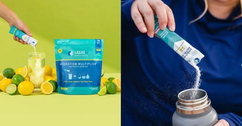 In front a a green background, lemon and limes sit next to a glass of water and a bad of Liquid I.V. powder, where someone pours a packet into the glass (left). A close up shot of hands pouring a Liquid I.V. packet into a water bottle, person wearing a blue shirt which is visible in the background.