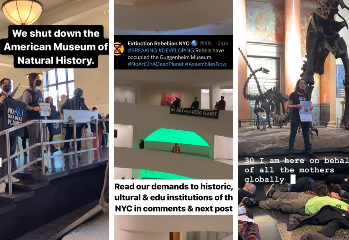 Three images of climate protests at museums