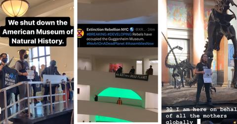 Three images of climate protests at museums