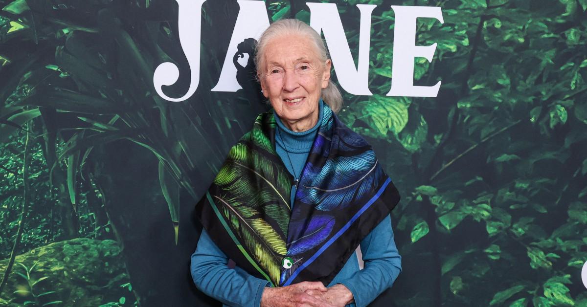 Jane Goodall poses in front of a sign for her show