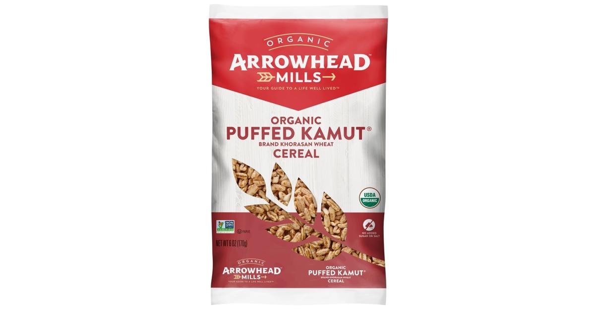 Bag of Arrowhead Mills  Puffed Kamut cereal on white background