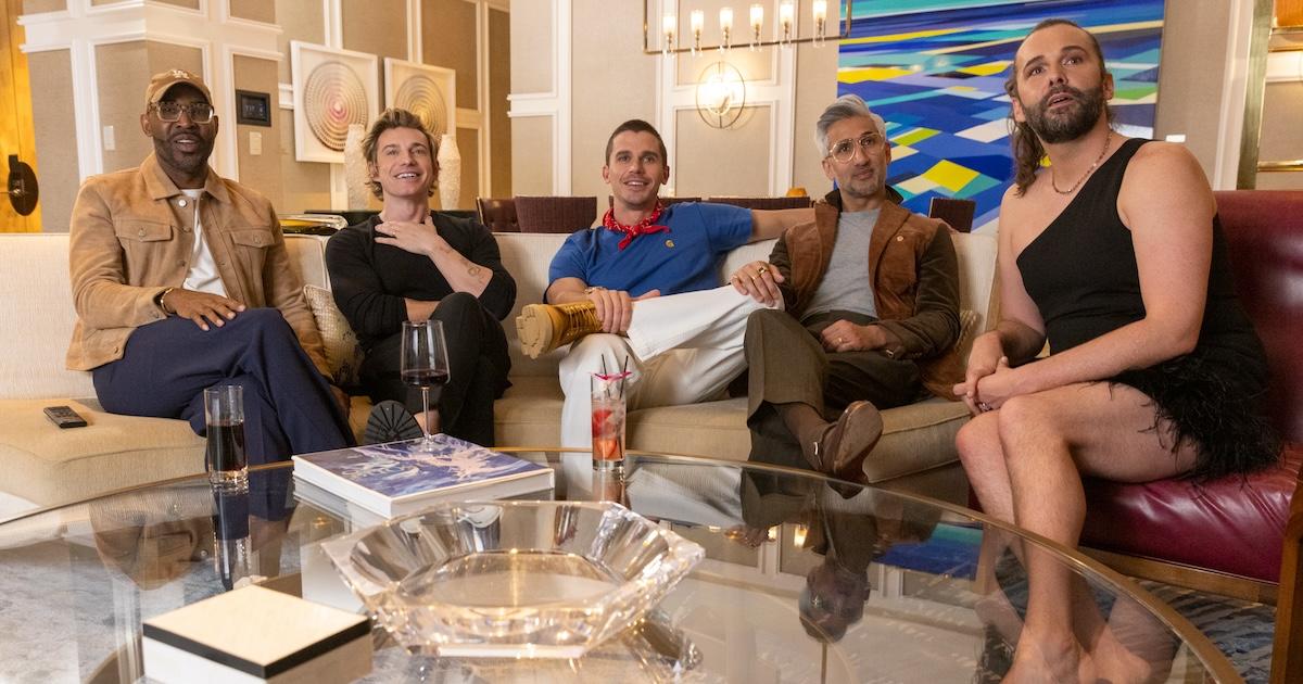 Antoni Porowski, Tan France, Jonathan Van Ness, Karamo Brown, and Jeremiah Brent sit on a couch