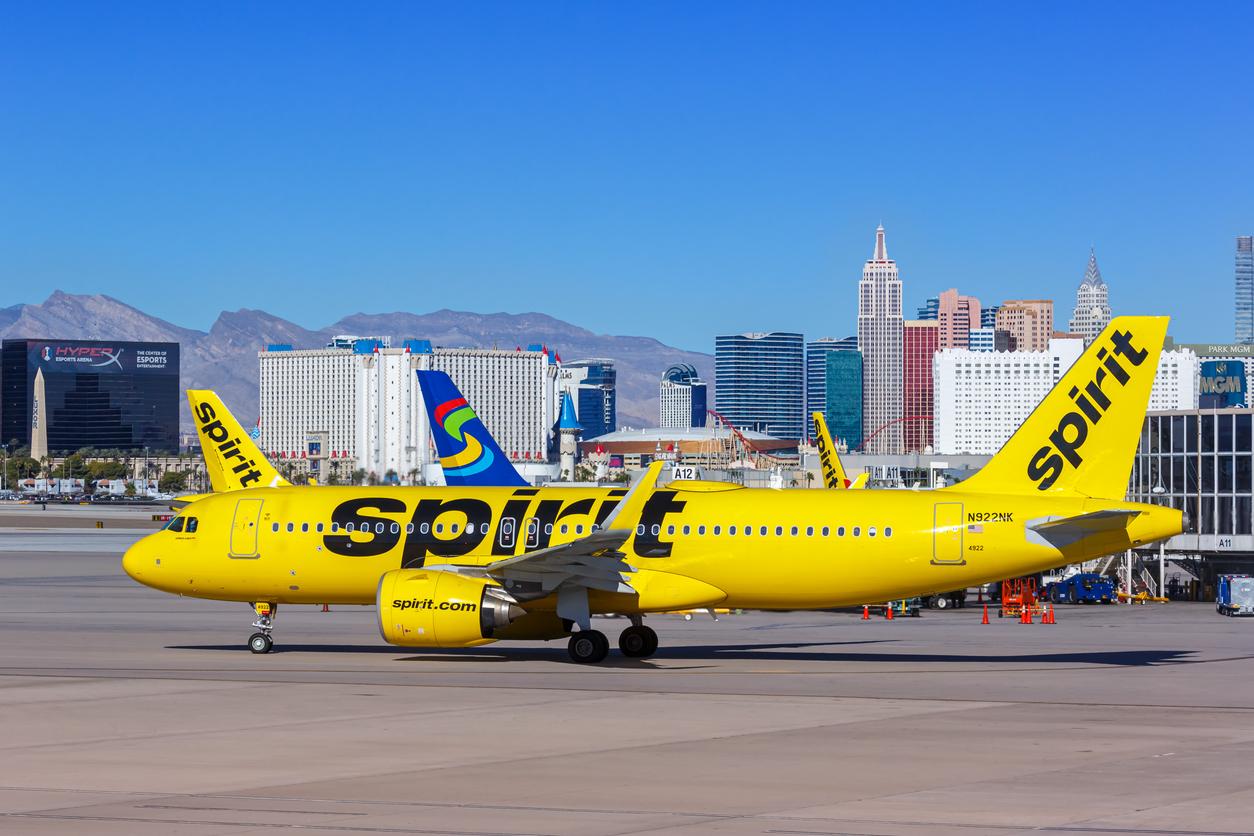 A Spirit Airbus A320neo airplane is pictured at the airport in Las Vegas in Nov. 2022.