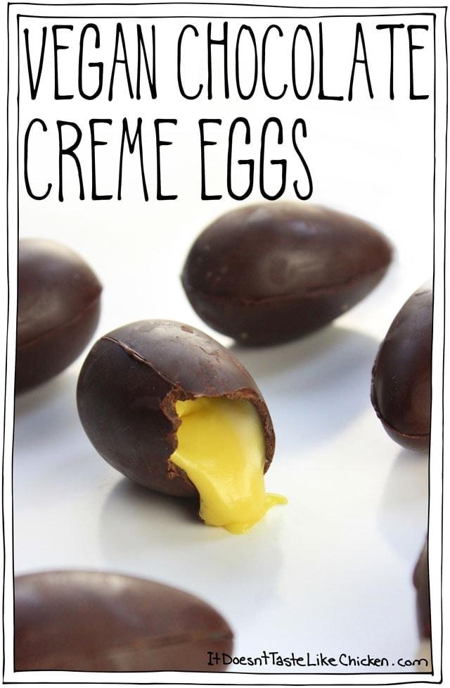 The text "Vegan Chocolate Creme Eggs" along with chocolate eggs with pastel fillings