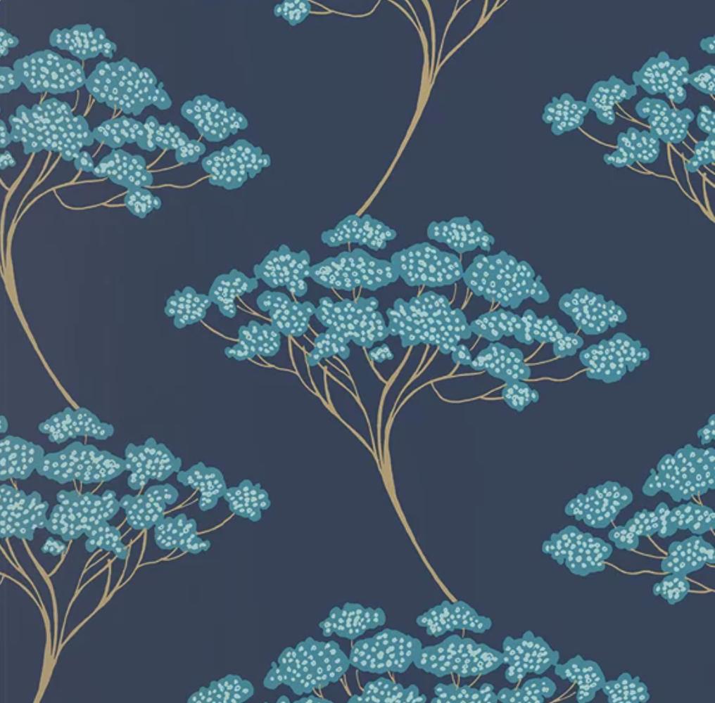 A navy blue wallpaper featuring light blue flowers and golden stems. 