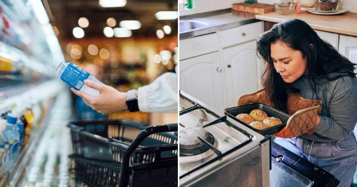 (L) A person buying bottled water in a supermarket; (R) A woman takes a tray of buns out of the oven. (Representative Cover Image Source: Getty Images | (L) d3sign; (R) Moyo studio)