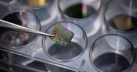Cosmic dust analogue on a chip. The cocktail of chemicals was collected on a microchip. (Cover Image Source: Fiona Wolf / The University of Sydney)