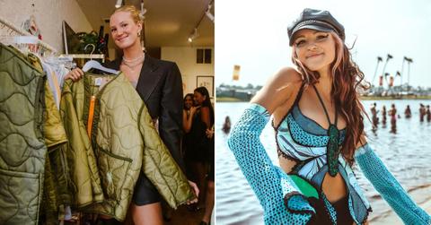 Photo of Maddie West — founder and designer of Sloppy Seconds — holding an army green jacket; Headshot of TikToker and upcycled vintage designer Brooklyn Karasack at the 2023 Okeechobee Music & Arts Festival
