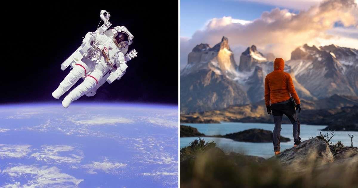 (L) An astronaut floating in space sees the Earth. (R) A man standing on a rock looks up at the sky. (Representative Cover Image Source: (L) Pixabay | WikiImages, (R) Pexels | Marek Piwnicki)