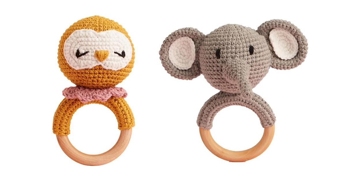 crocheted baby rattles in animal shapes